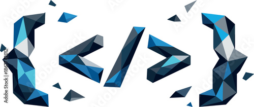 Geometric Coding Symbols. Low-poly vector illustration focused on coding symbols represented by brackets, polygonal geometric