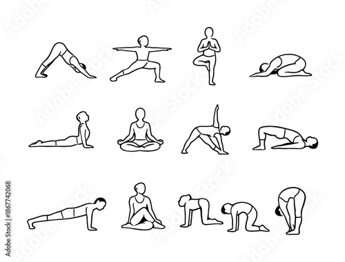 Minimal line art set of yoga poses showing stretching, balance, and relaxation postures for fitness, flexibility, mindfulness, and wellness practice