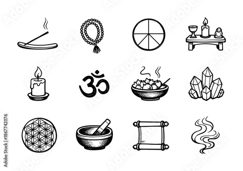 Black and white spiritual icon set with incense, mala beads, peace symbol, candles, Om sign, meditation bowl, crystals, mandala, mortar, scroll