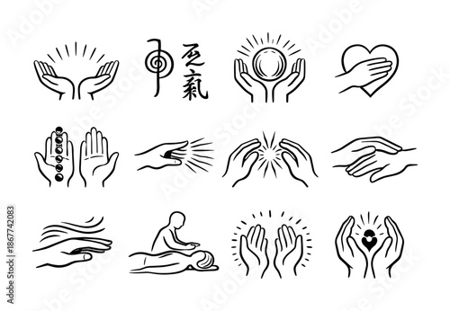 Minimal line art set of healing hand gestures, energy symbols, meditation pose, and caring hands holding heart for wellness and therapy concepts