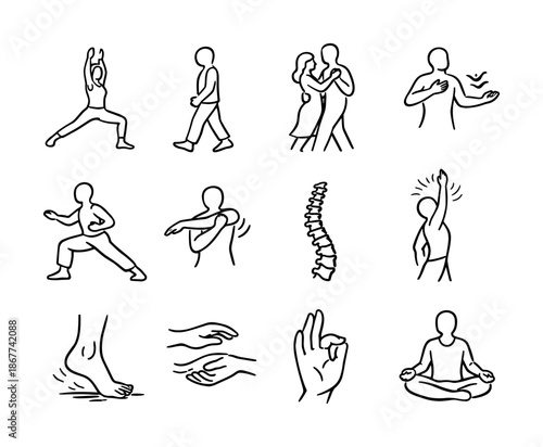Minimal line art set of yoga and stretching poses with meditation, spinal alignment, massage gestures, and couple dance silhouette icons