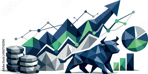 Polygonal Financial Analytics. Low-poly vector illustration focused on financial analytics and market analysis, polygonal