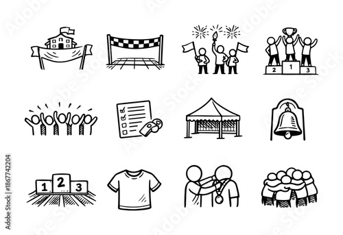 Hand-drawn celebration and sports event icons set showing podium winners, cheering crowd, finish line, team huddle, tent, medal checklist, bell