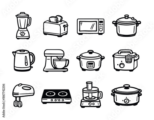 Set of hand-drawn kitchen appliance icons including blender, toaster, microwave, slow cooker, kettle, mixer, cooktop, and food processor