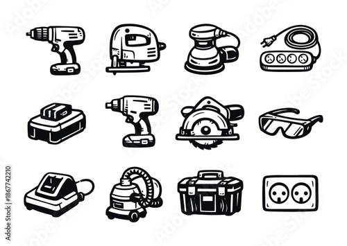 Set of hand-drawn power tools and workshop equipment icons including drill, jigsaw, sander, vacuum, saw, safety glasses, toolbox, charger, and outlet