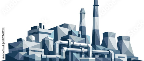 Geometric Factory Illustration. Low-poly vector illustration focused on a modern factory facility, polygonal geometric style with