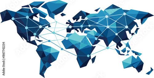 Minimalist Global Network Map. Low-poly vector illustration focused on a minimalist global network map icon, polygonal geometric