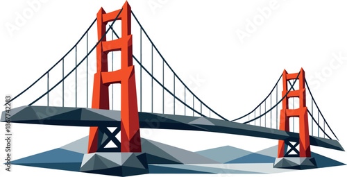 Minimalist Golden Gate Icon. Low-poly vector illustration focused on a minimalist Golden Gate Bridge icon, polygonal geometric