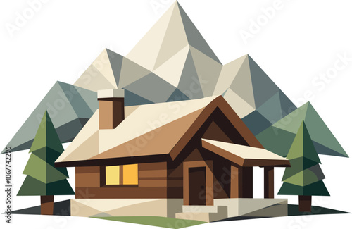 Minimalist Mountain Cabin. Low-poly vector illustration focused on a minimalist mountain cabin icon, polygonal geometric style