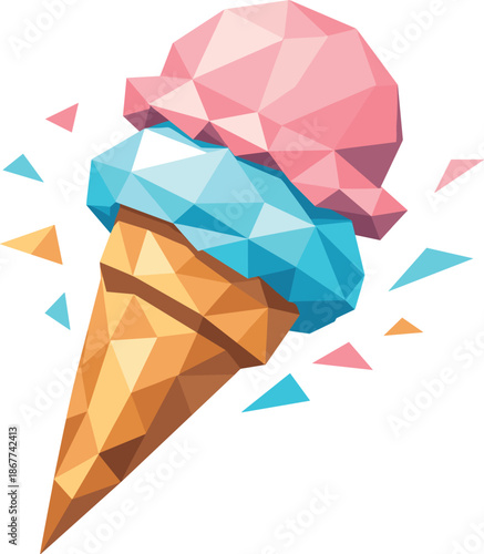 Geometric Ice Cream Delight. Low-poly vector illustration of an ice cream cone as a symbol of summer treats and happiness,