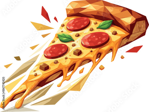 Geometric Pizza Art. Low-poly vector illustration of a cheesy pizza slice representing street food and modern lifestyle, polygonal