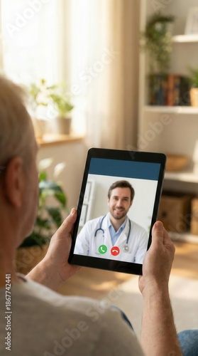 Senior man holding a digital tablet during a video call consultation with a doctor at home