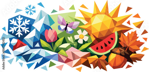 Seasonal Geometric Art. Low-poly vector illustration representing holidays and seasons as a festive abstract composition,