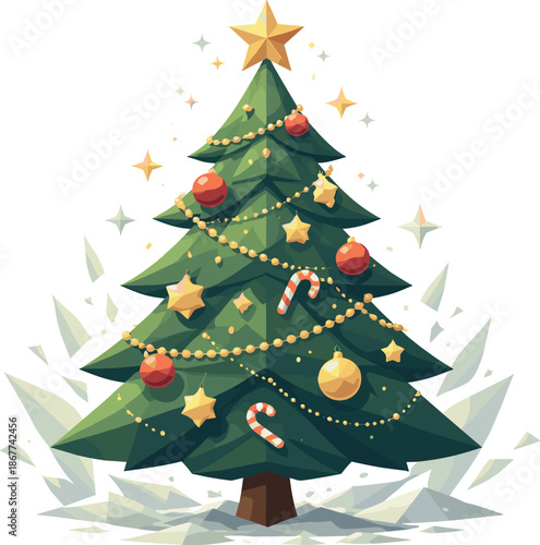 Geometric Christmas Tree. Low-poly vector illustration of a decorated Christmas tree representing winter holidays and celebration,