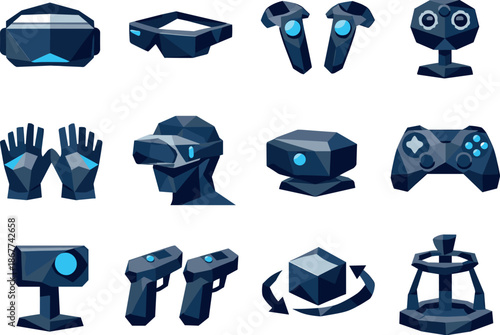 VR Icon Set. Virtual Reality Low-Poly Vector Icon Set, VR devices, motion controllers, immersive gaming. Low-poly vector icon set
