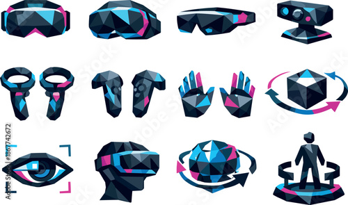 VR Icon Set. Virtual Reality Low-Poly Vector Icon Set, VR headsets, controllers, augmented perception. Low-poly vector icon set