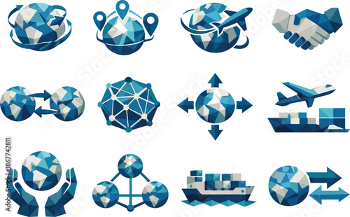 Globalization Vector Icons. Globalization Low-Poly Vector Icon Set, connected globes, airplanes, global networks, international