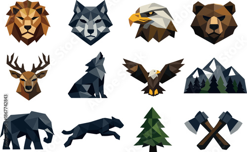 Wildlife Icon Grid. A professional low-poly vector icon set dedicated to wild animals and nature symbolism, featuring lion, wolf,