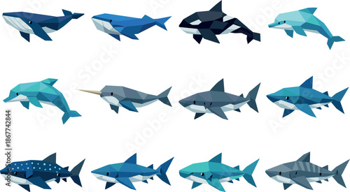 Low-Poly Marine Icons. Modern low-poly marine life icon set illustrating whales, dolphins, and sharks in a clean geometric vector