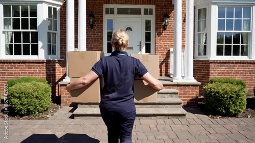 Delivery person carrying packages to a residential doorstep