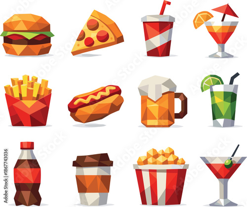 Low-Poly Food Icons. Food and Drinks Low-Poly Vector Icon Set, burgers, pizza slices, cocktails, fast food and beverages. Low-poly