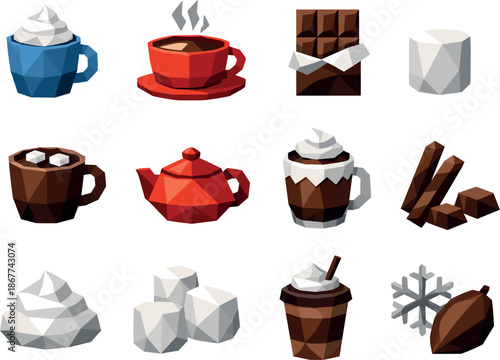 Low-Poly Hot Chocolate Icons. Professional low-poly vector icon collection representing hot chocolate using crisp polygon geometry
