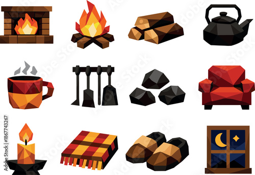 Geometric Fireplace Icons. Geometric low-poly vector icons illustrating a fireplace evening atmosphere with flames, hearth