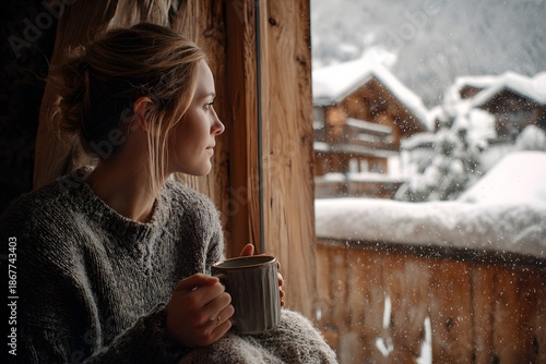 Young woman holding mug by chalet window on snowy winter morning