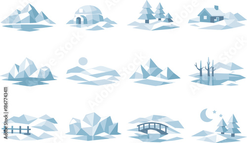 Winter Icon Set. Low-poly vector icon set of white winter landscape scenes rendered in sharp geometric polygonal style with