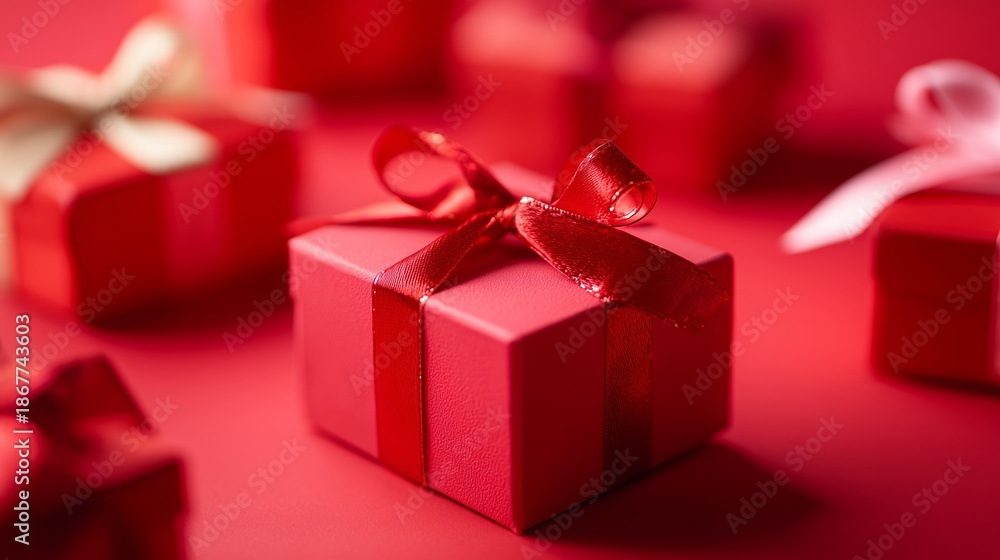 Fototapeta premium Small red gift boxes with ribbons on a red surface during a festive celebration