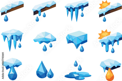 Thawing Icicle Icons. Modern low-poly vector illustration set capturing roof drip and thawing icicles through clean triangular