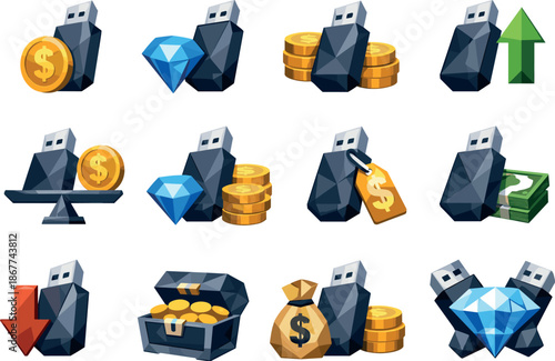 Flash Drive Icon Set. Modern low-poly vector illustration set visualizing flash drive pricing and portable data storage value