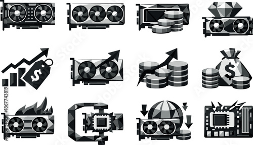 Premium GPU Icon Set. Professional low-poly vector icon collection representing expensive graphics cards, rising GPU prices, and