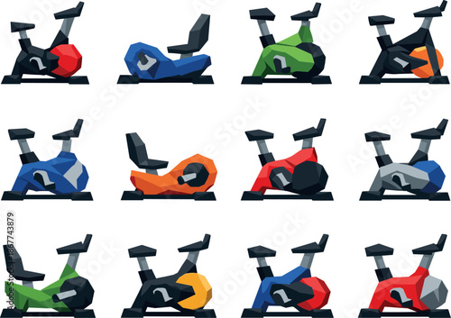 Low-Poly Bike Icons. Stylized low-poly stationary bike icons designed with sharp angular polygons and faceted fitness equipment