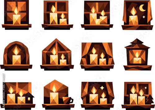 Candle Icon Set. Candles glowing on a window sill visualized as a cohesive low-poly vector icon set built from angular polygonal