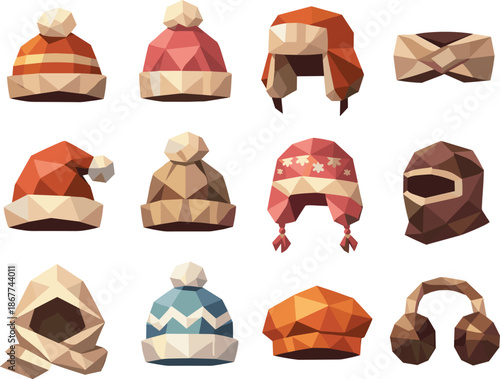 Cozy Winter Headwear Icons. Low-poly vector icon set for knitted hat and winter headwear, featuring angular polygonal geometry,