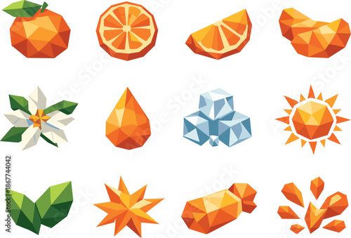 Tangerine Icon Set. Citrus tangerine taste experience expressed through a low-poly vector icon set with crisp polygonal shapes,