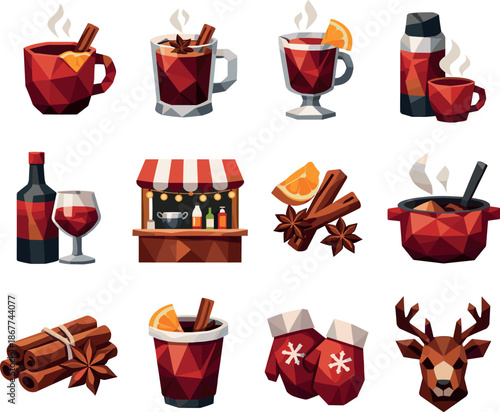 Winter Market Icons. Street mulled wine and winter market beverage concept represented through a professional low-poly vector icon