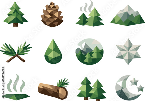 Pine Scent Icon Set. Low-poly polygonal vector icon set focused on pine scent, evergreen aroma, and fresh forest atmosphere,