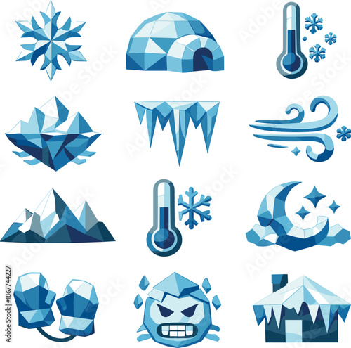 Winter Icon Set. Deep Epiphany freeze and biting winter temperatures visualized as a low-poly vector icon set with sharp polygon