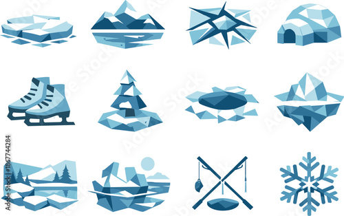 Frozen Lake Icons. Low-poly polygonal vector icon set focused on frozen lakes, ice-covered water surfaces, winter stillness, and