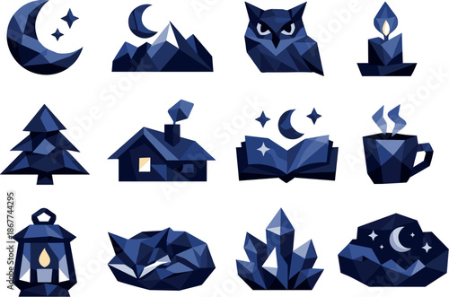 Winter Night Icons. Low-poly vector icon set for long winter nights and extended darkness atmosphere, featuring angular polygonal