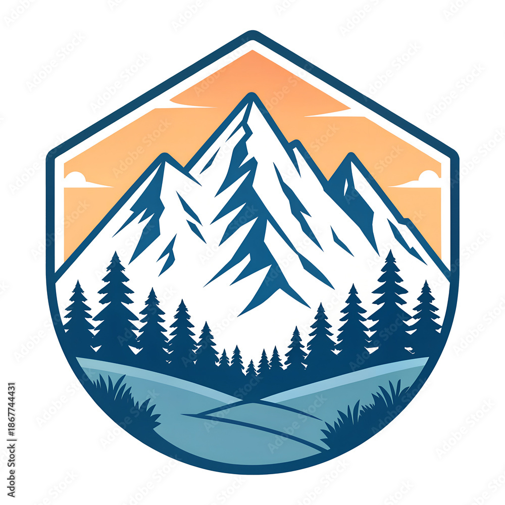 Obraz premium Mountain landscape badge with trees and sky nature isolated on transparent background