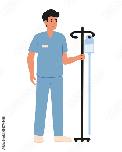 Medical worker, orderly smiling and holding clipboard and stand with IV bag. Flat vector Color illustration from Profession series