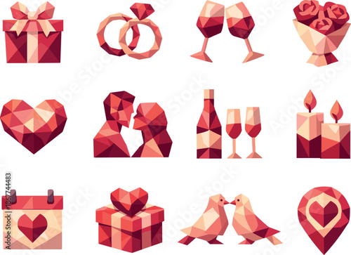 Romantic Gift Icons. Gift box for a couple and romantic occasion represented through a professional low-poly vector icon set using