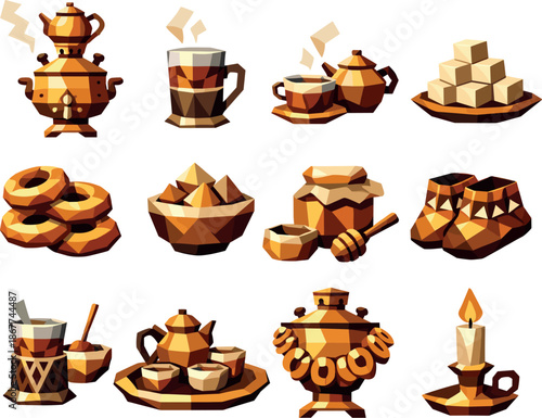 Low-Poly Tea Icons. Warm tea served from samovar and traditional setting visualized as a low-poly vector icon set with sharp