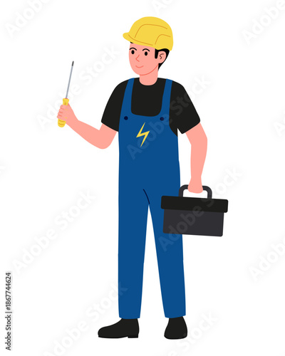 Man in blue jumpsuit with yellow lightning bolt on front, holding screwdriver and toolbox. Electrician specialist.