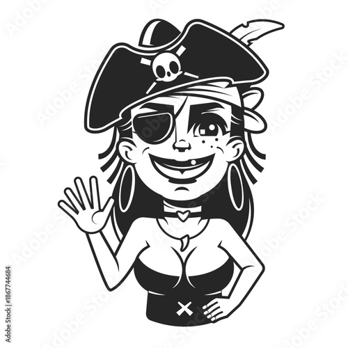 beautiful pirate woman with sabre sword, pistol gun and ship steering wheel - adventurous sea captain black and white vector portrait