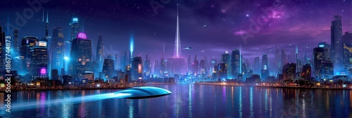 Wallpaper Mural Futuristic Cyberpunk Cityscape at Night with Glowing Spaceship Torontodigital.ca