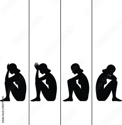 Depressed woman silhouettes, emotional stages of sadness anxiety isolation, mental health concept illustration vector set